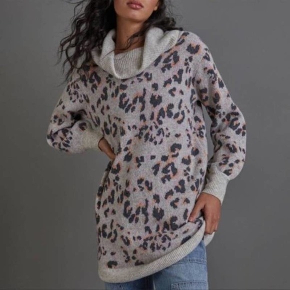 Anthropologie Sweaters - Anthropologie Emmy Leopard Print Cowl Neck Wool Blend Tunic Sweater. Size M